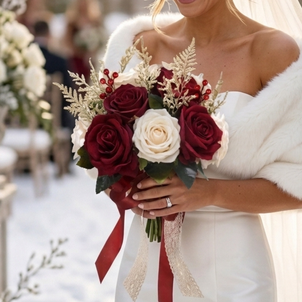Winter Wedding Bouquet | Burgundy & Ivory Silk Roses