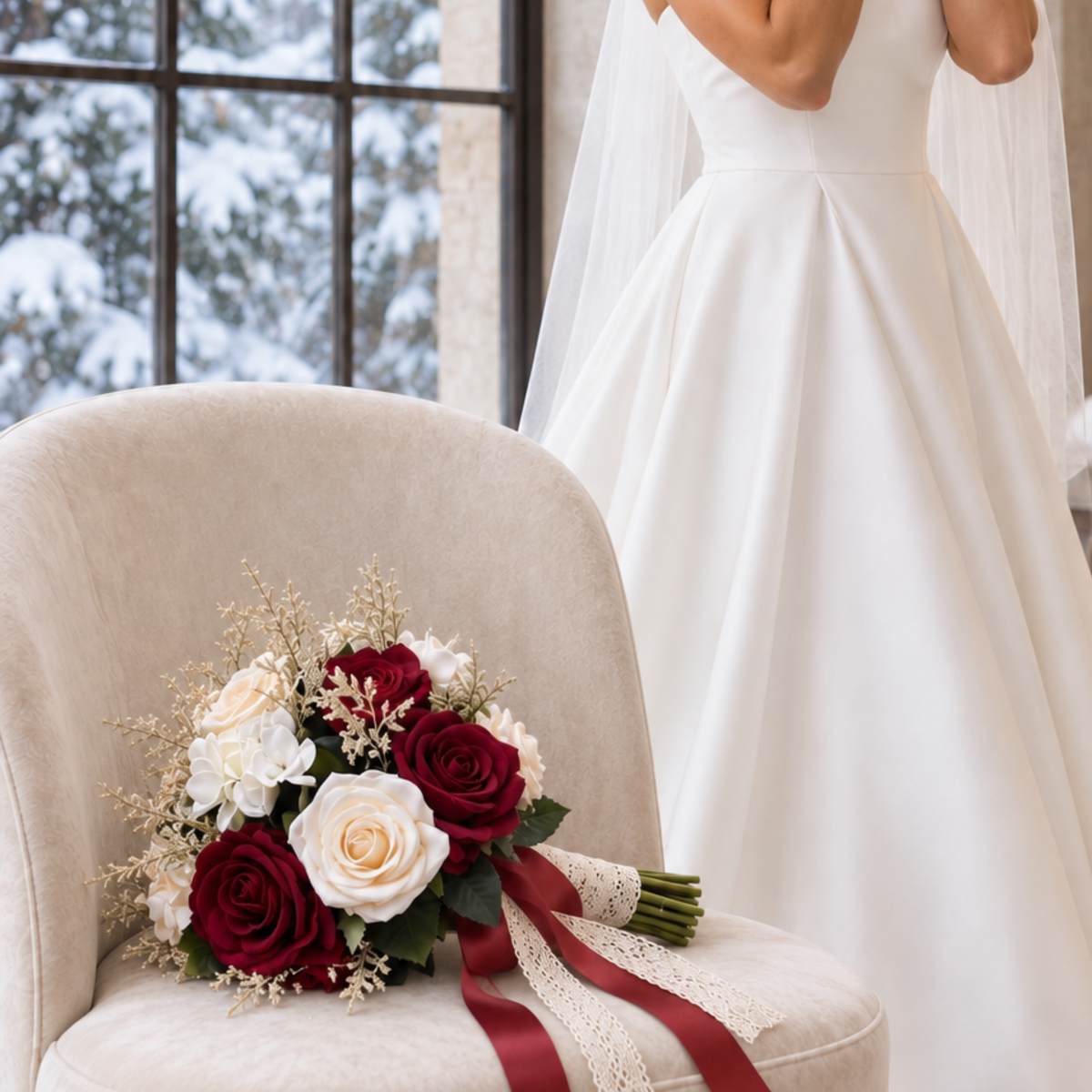 Winter Wedding Bouquet | Burgundy & Ivory Silk Roses