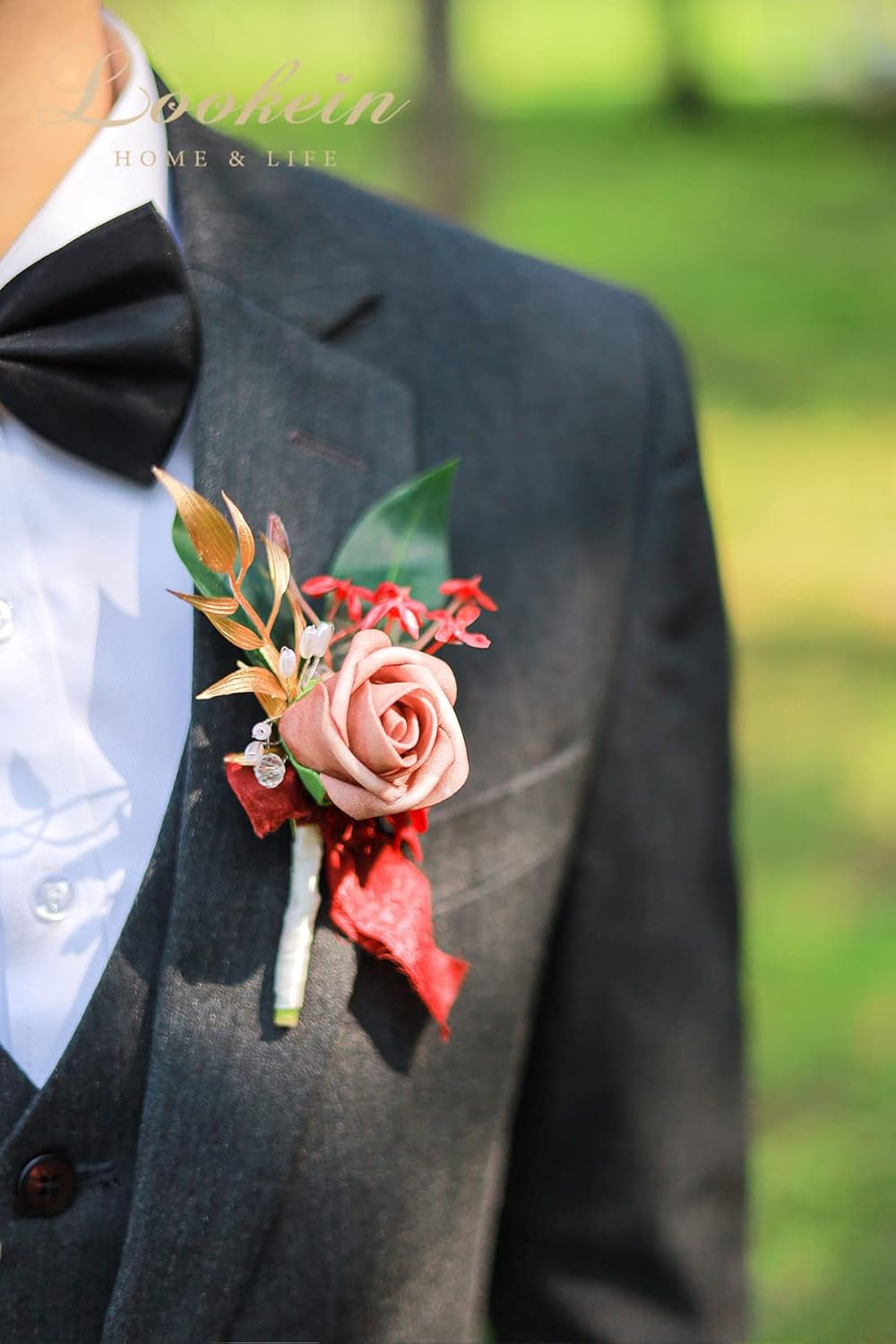 Set of 2 Wedding Boutonniere for Men Artificial Flowers Wedding Groom Groomsmen Boutonniere for Wedding Ceremony Anniversary Formal Dinner Party, Dusty Rose&Burgundy