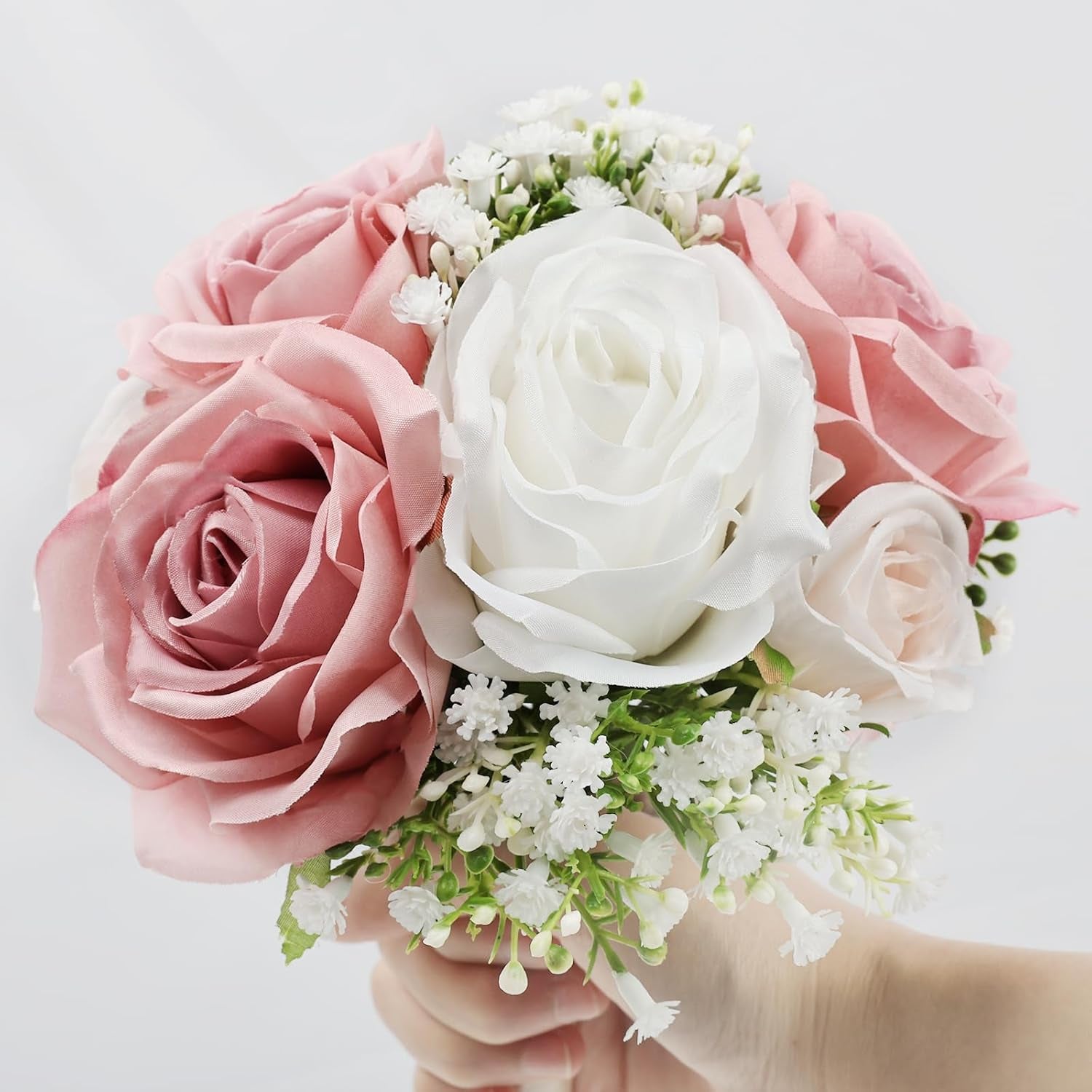 Wedding Bridesmaid Bouquets Set of 6, Artificial Silk Flowers Arrangement for Ceremony Marriage Proposal Party Anniversary Decorations - Dusty Pink & White
