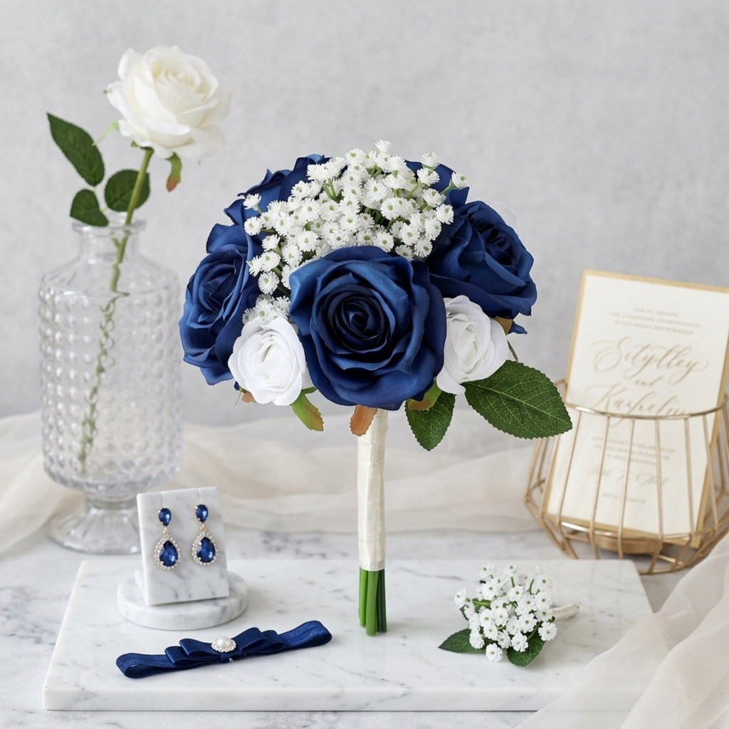 Additional view of navy blue and white bridesmaid bouquet set of four