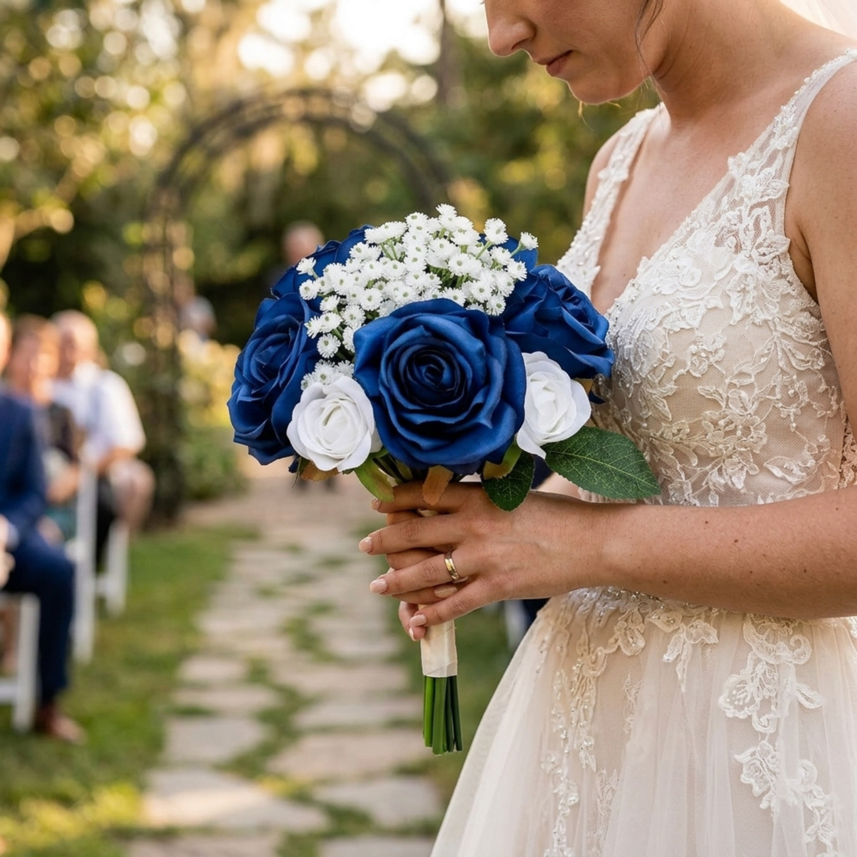 Additional view of navy blue and white bridesmaid bouquet set of four
