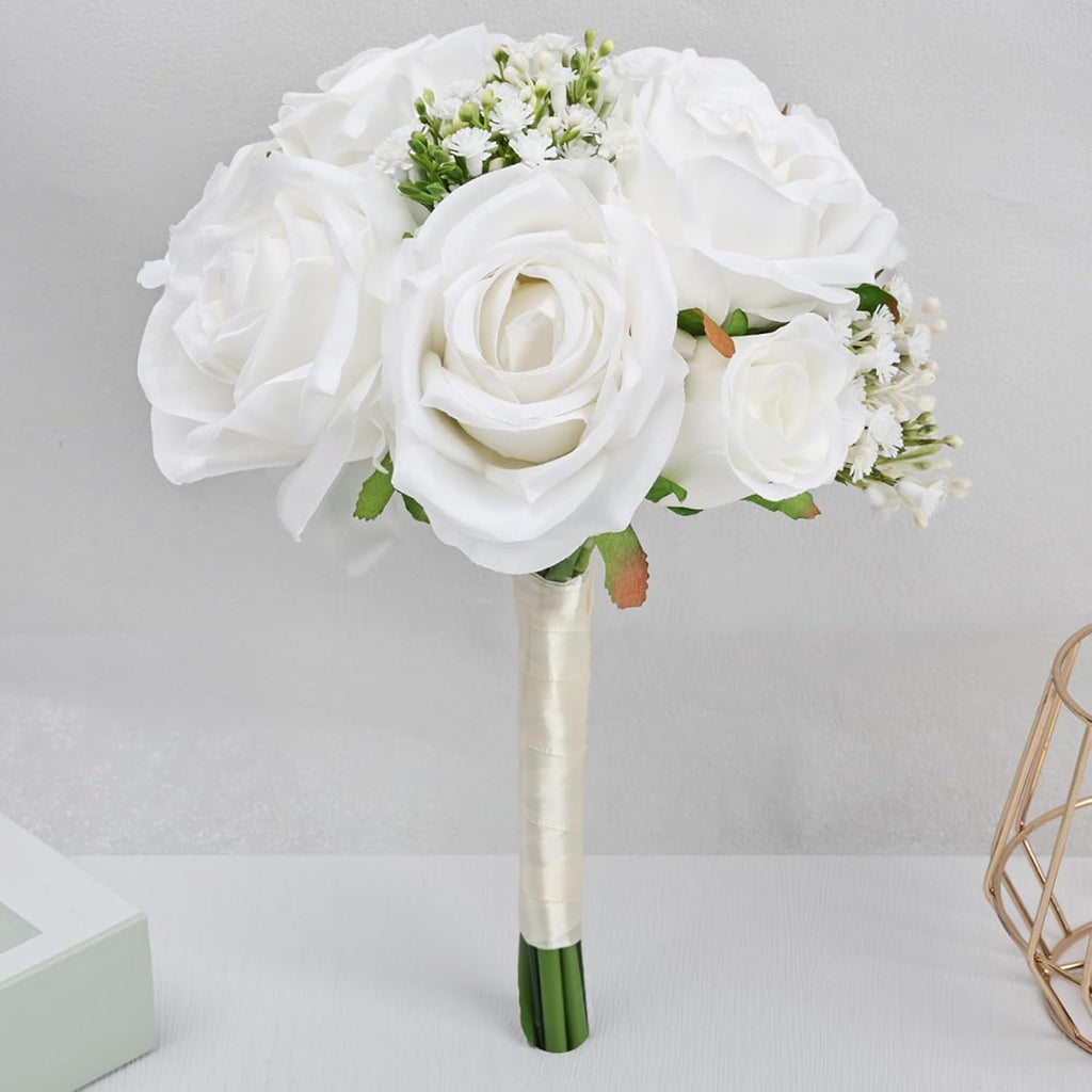 Wedding Bridesmaid Bouquets Set of 6, Artificial Silk Flowers Arrangement for Ceremony Marriage Proposal Party Anniversary Decorations - White