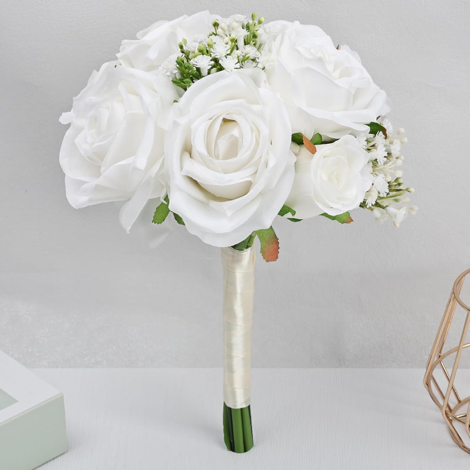 Wedding Bridesmaid Bouquets Set of 6, Artificial Silk Flowers Arrangement for Ceremony Marriage Proposal Party Anniversary Decorations - White