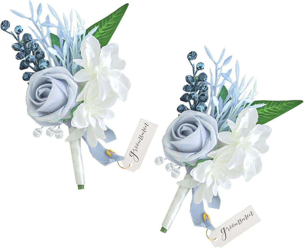 Dusty blue wedding boutonniere set of 2 with white flowers and greenery
