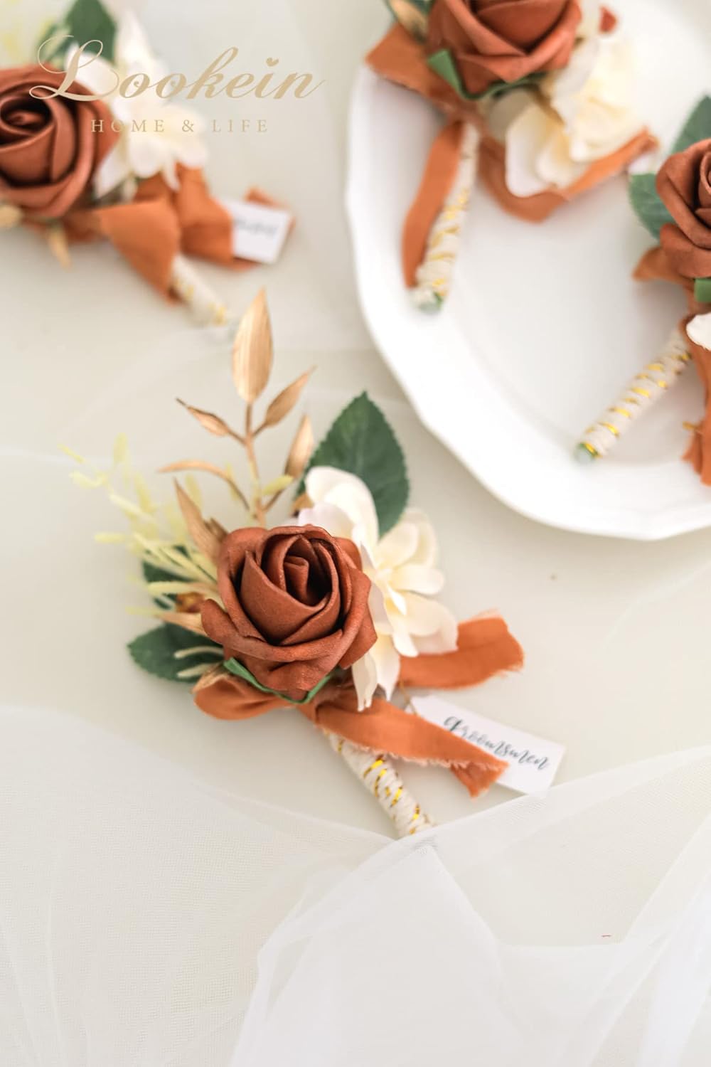 Set of 2 Terracotta Wedding Boutonniere for Men Artificial Flowers Wedding Groom Groomsmen Boutonniere for Wedding Ceremony Anniversary Formal Dinner Party