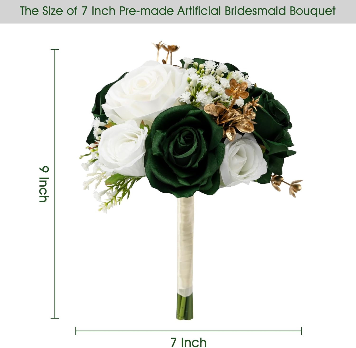 Wedding Bridesmaid Bouquets Set of 6, Artificial Silk Flowers Arrangement for Ceremony Marriage Proposal Party Anniversary Decorations - Emerald Green & Gold & White