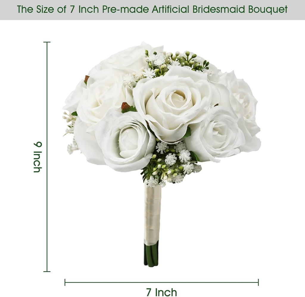 Wedding Bridesmaid Bouquets Set of 6, Artificial Silk Flowers Arrangement for Ceremony Marriage Proposal Party Anniversary Decorations - White