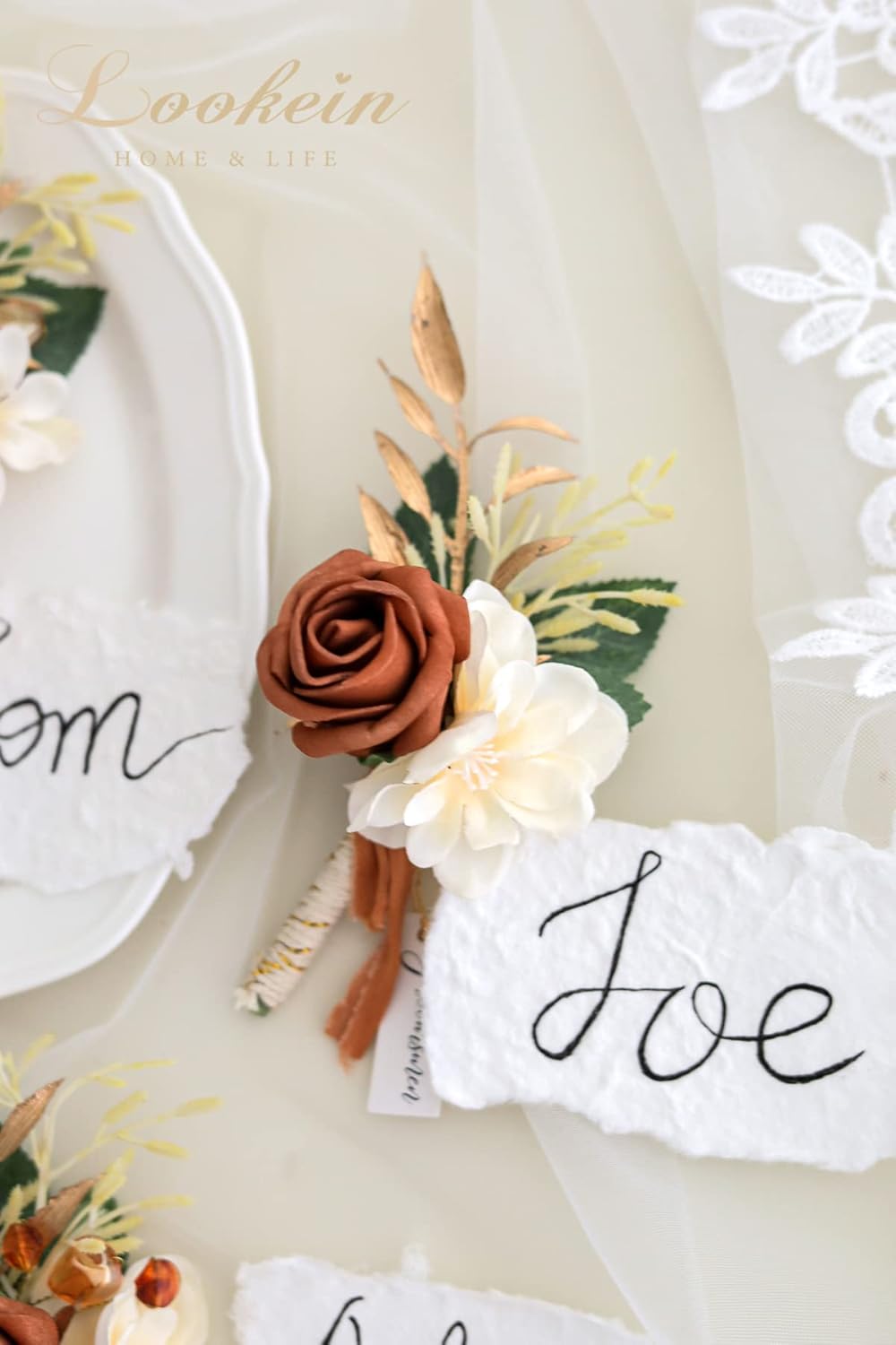 Set of 2 Terracotta Wedding Boutonniere for Men Artificial Flowers Wedding Groom Groomsmen Boutonniere for Wedding Ceremony Anniversary Formal Dinner Party