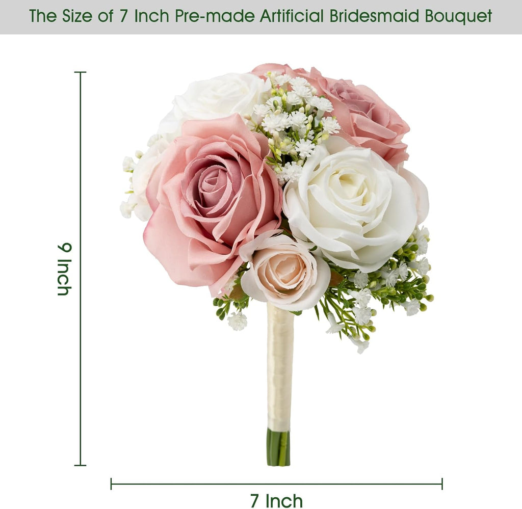 Wedding Bridesmaid Bouquets Set of 6, Artificial Silk Flowers Arrangement for Ceremony Marriage Proposal Party Anniversary Decorations - Dusty Pink & White