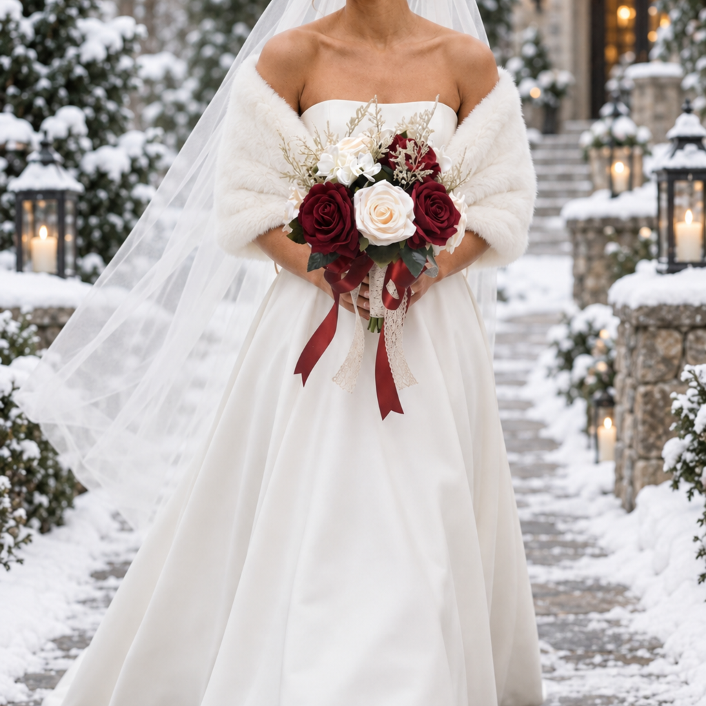 Winter Wedding Bouquet | Burgundy & Ivory Silk Roses