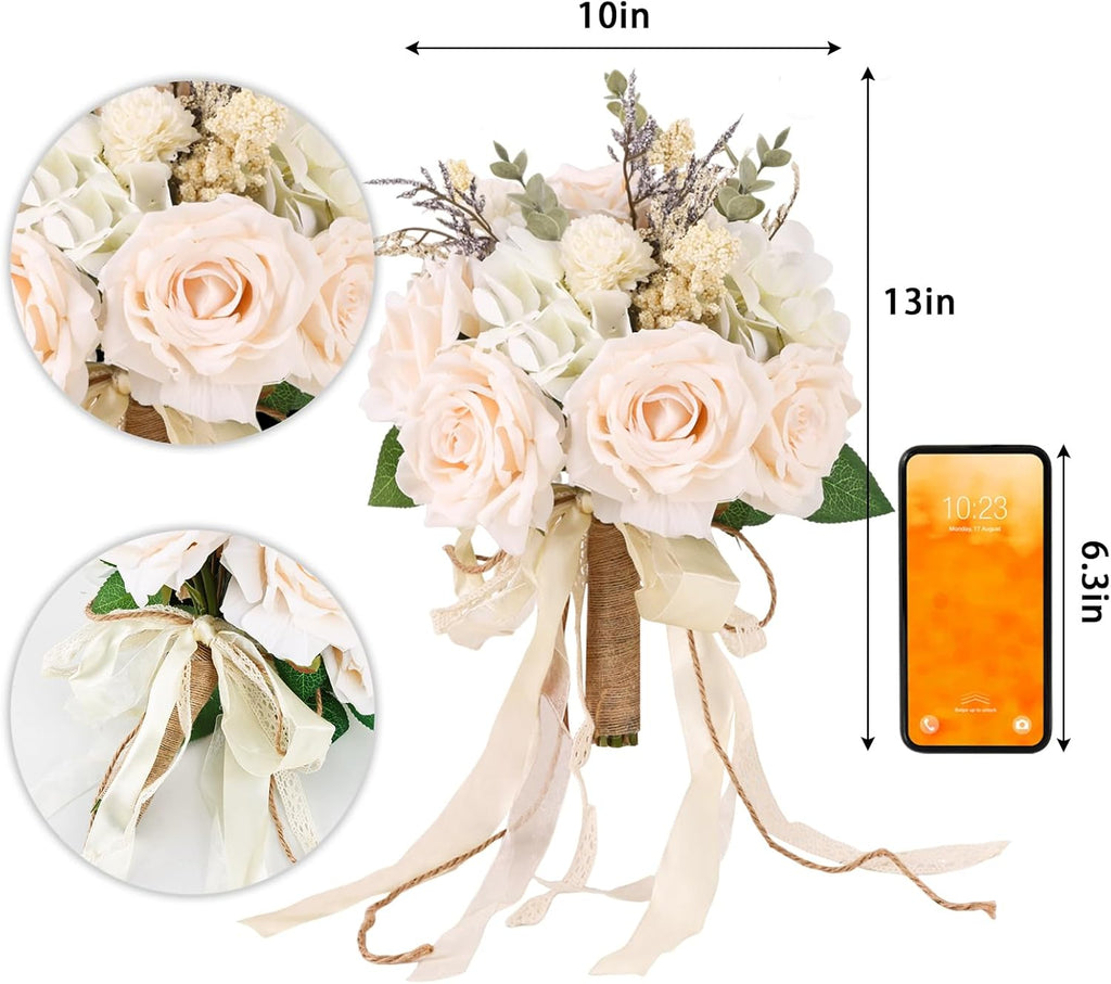 Champagne faux wedding bouquet showing 13 inch height and 10 inch diameter