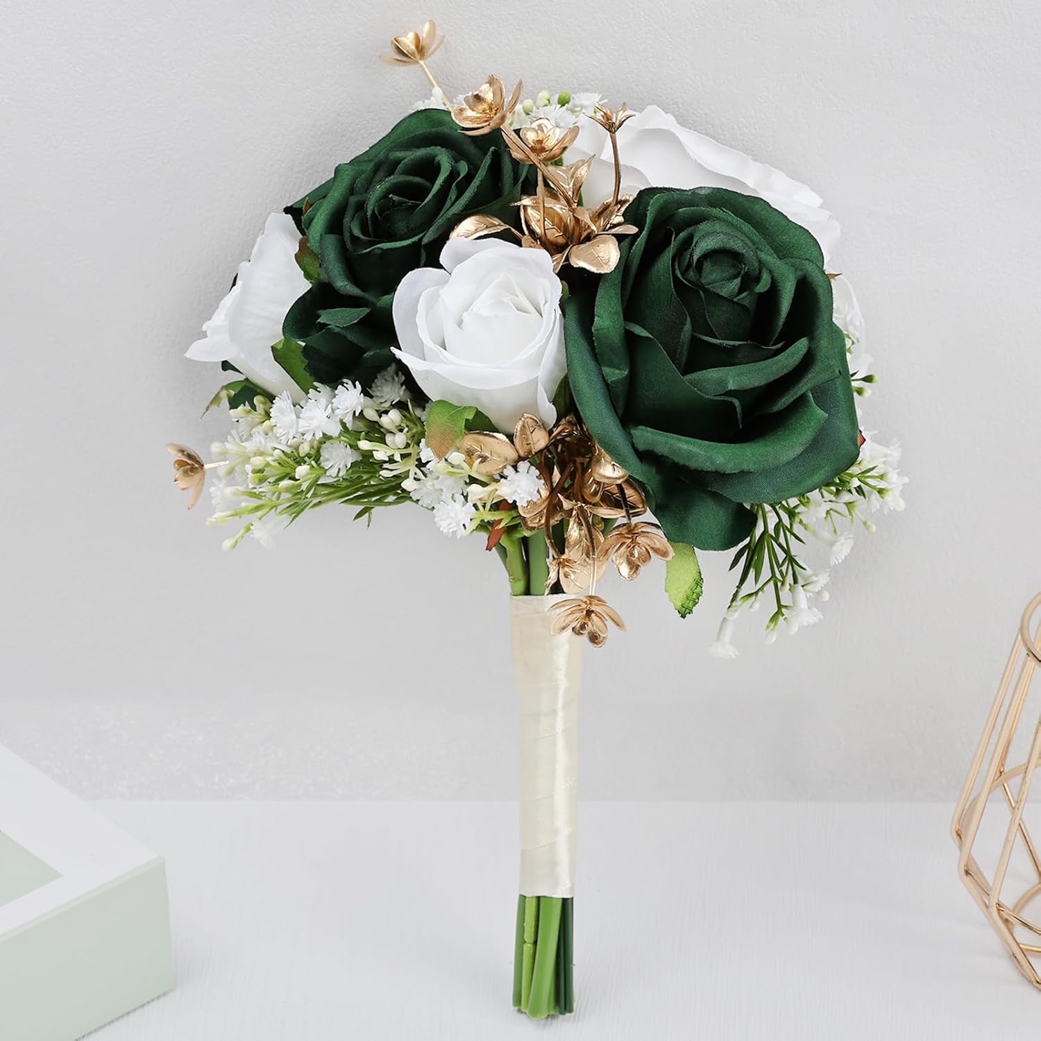 Wedding Bridesmaid Bouquets Set of 6, Artificial Silk Flowers Arrangement for Ceremony Marriage Proposal Party Anniversary Decorations - Emerald Green & Gold & White