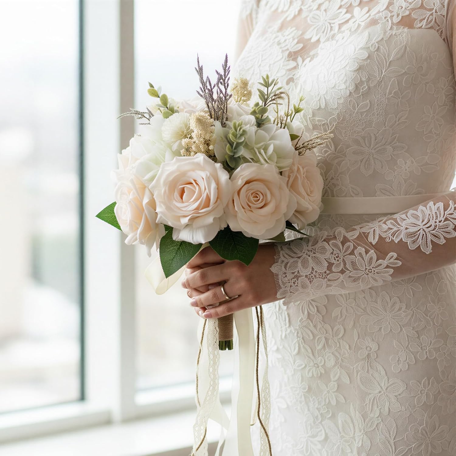 Artificial champagne rose bouquet with ribbons for bride or bridesmaid