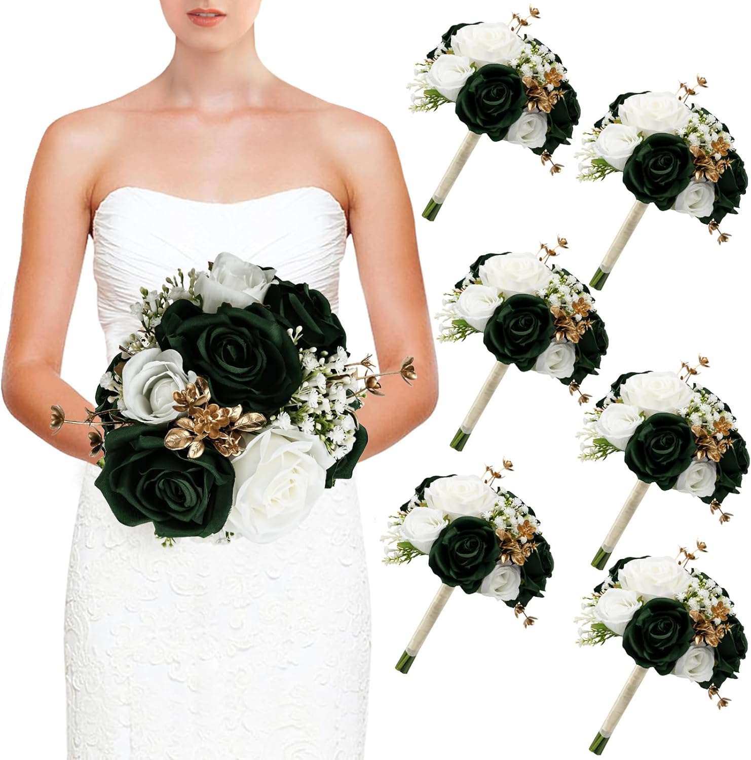Wedding Bridesmaid Bouquets Set of 6, Artificial Silk Flowers Arrangement for Ceremony Marriage Proposal Party Anniversary Decorations - Emerald Green & Gold & White