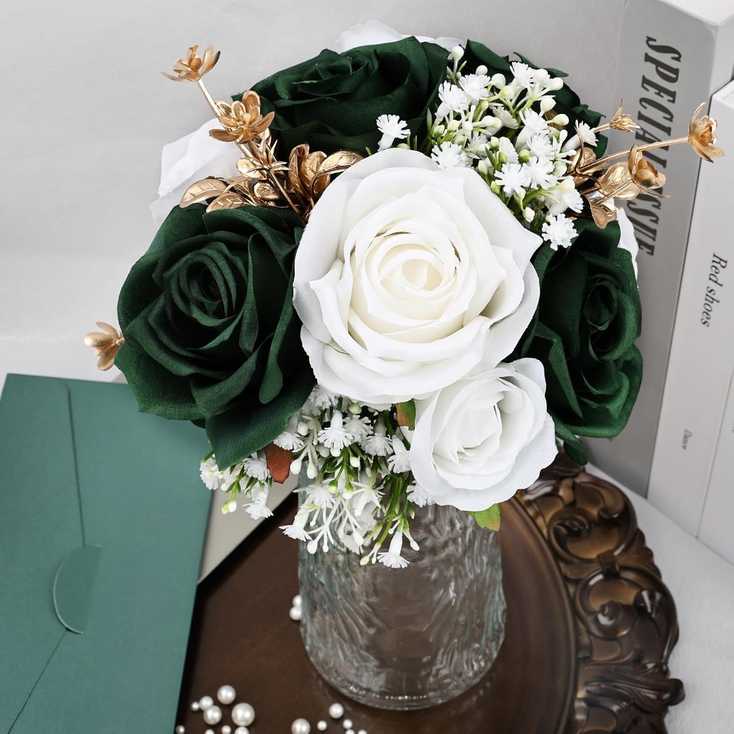 Wedding Bridesmaid Bouquets Set of 6, Artificial Silk Flowers Arrangement for Ceremony Marriage Proposal Party Anniversary Decorations - Emerald Green & Gold & White