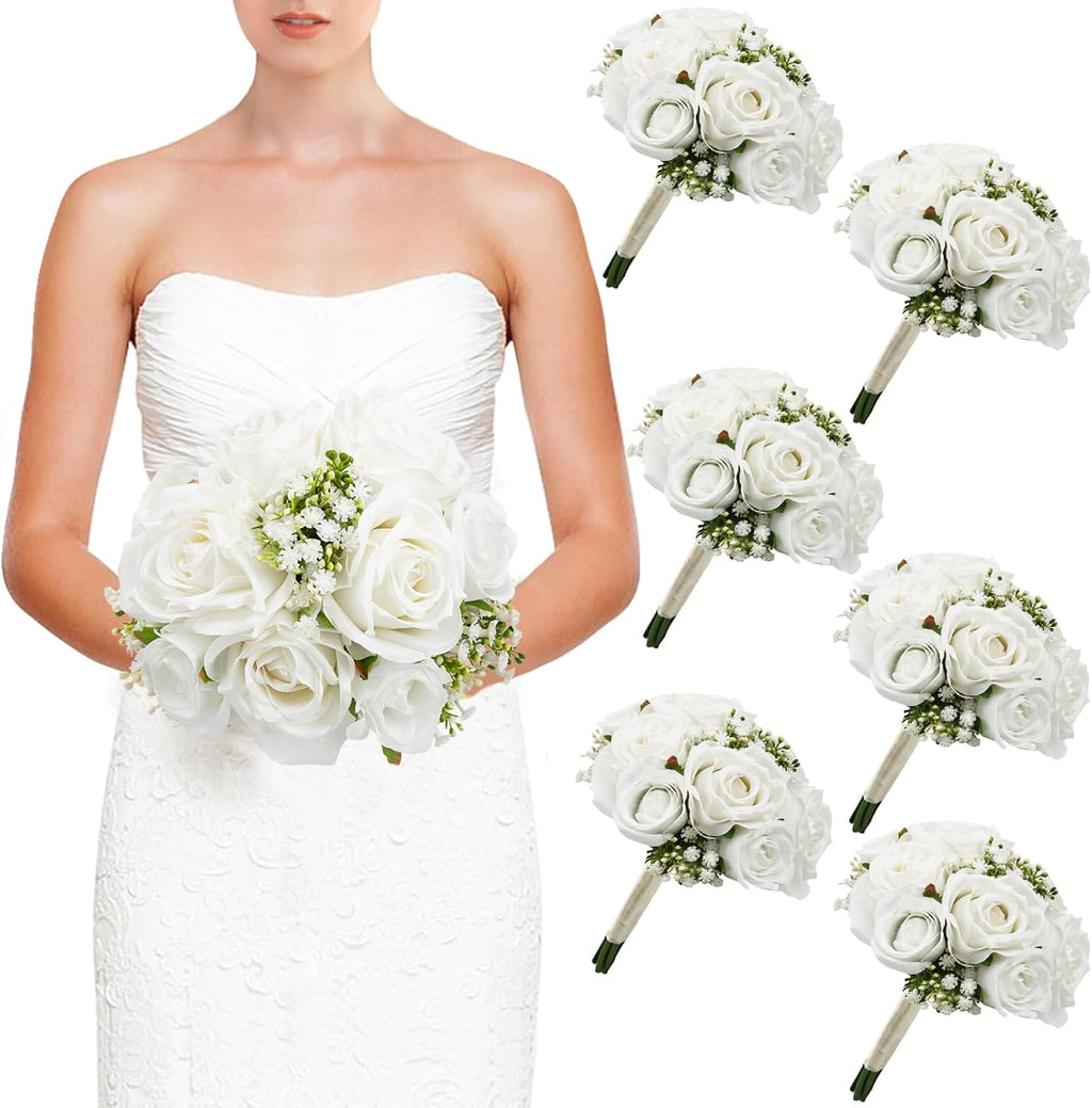 Wedding Bridesmaid Bouquets Set of 6, Artificial Silk Flowers Arrangement for Ceremony Marriage Proposal Party Anniversary Decorations - White