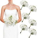 Wedding Bridesmaid Bouquets Set of 6, Artificial Silk Flowers Arrangement for Ceremony Marriage Proposal Party Anniversary Decorations - White