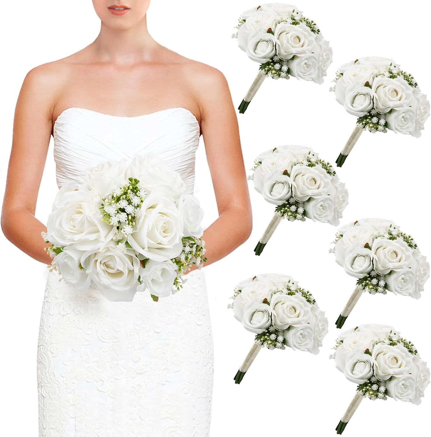 Wedding Bridesmaid Bouquets Set of 6, Artificial Silk Flowers Arrangement for Ceremony Marriage Proposal Party Anniversary Decorations - White