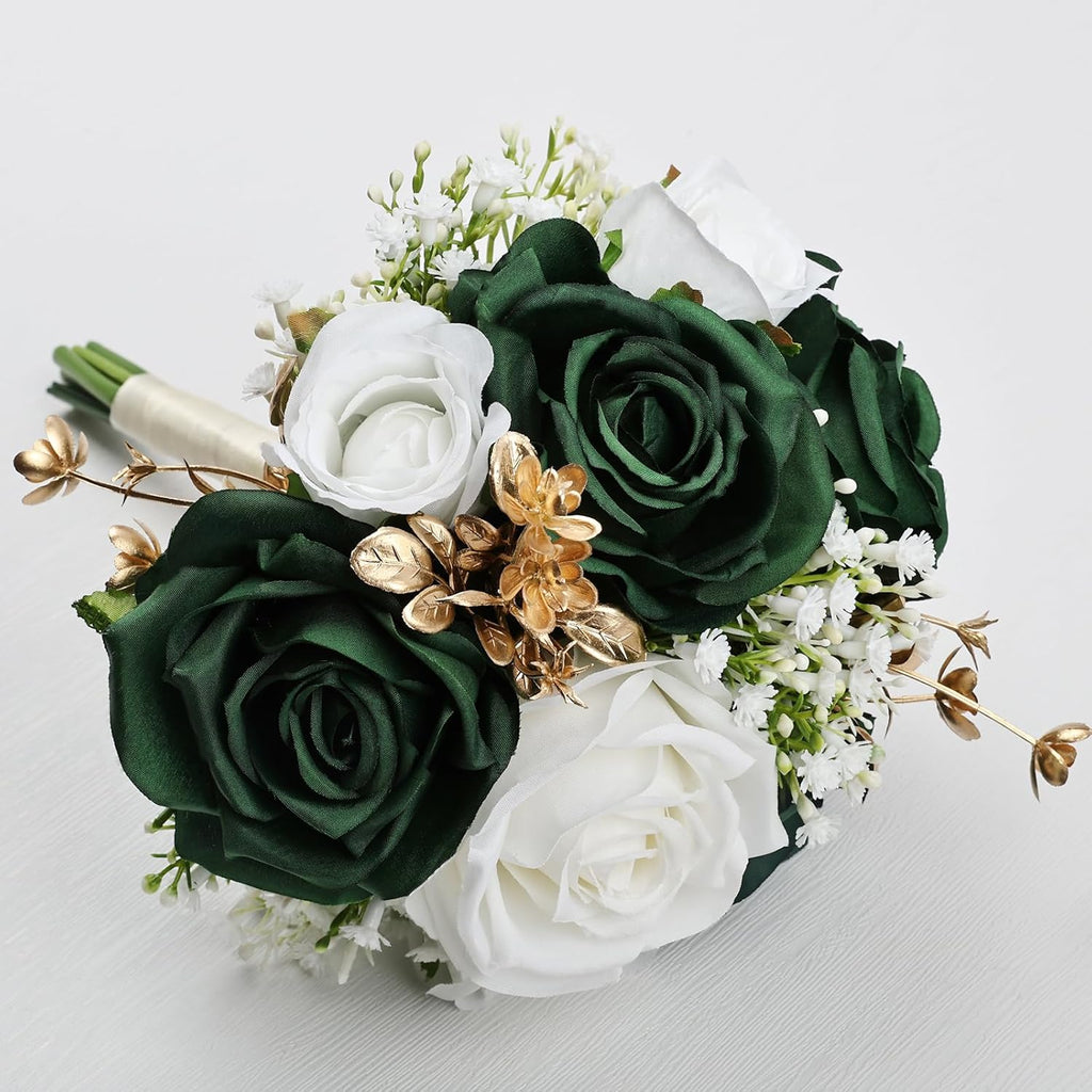 Wedding Bridesmaid Bouquets Set of 6, Artificial Silk Flowers Arrangement for Ceremony Marriage Proposal Party Anniversary Decorations - Emerald Green & Gold & White