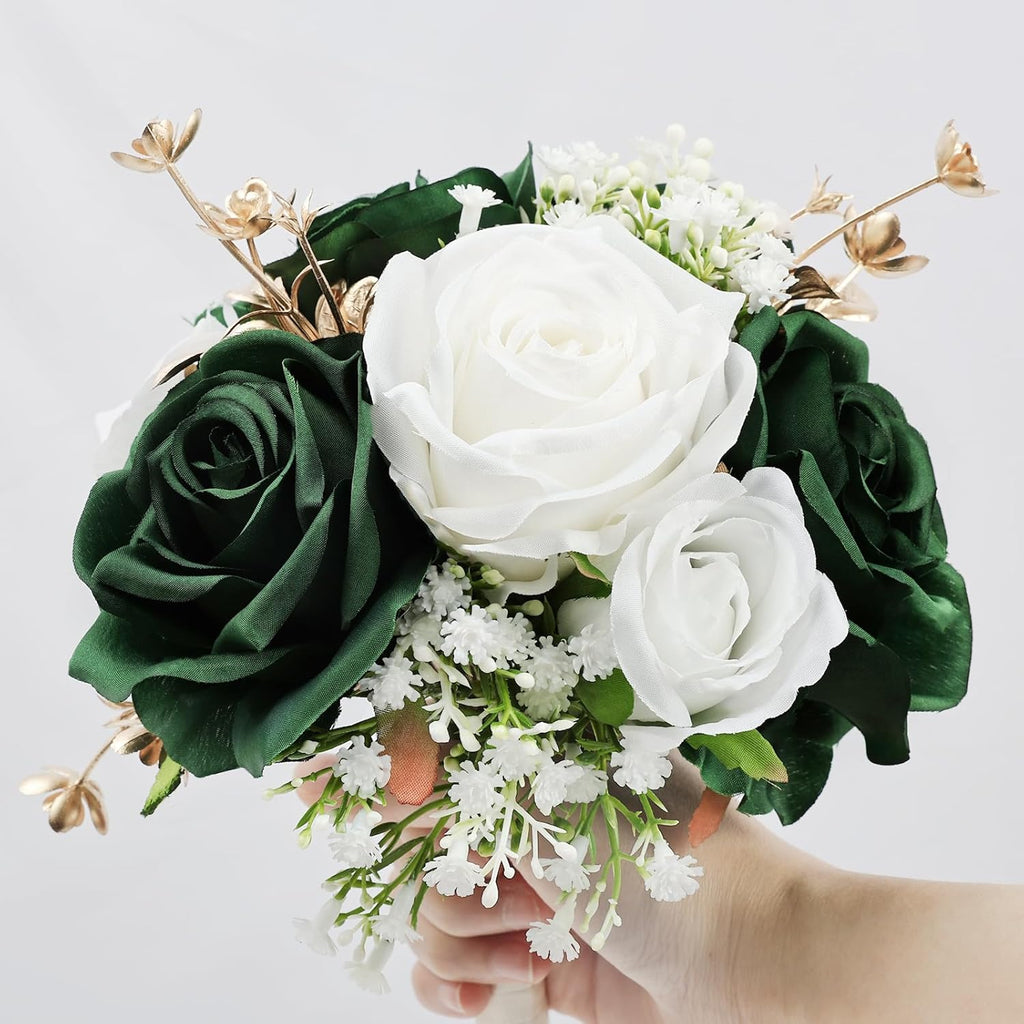 Wedding Bridesmaid Bouquets Set of 6, Artificial Silk Flowers Arrangement for Ceremony Marriage Proposal Party Anniversary Decorations - Emerald Green & Gold & White