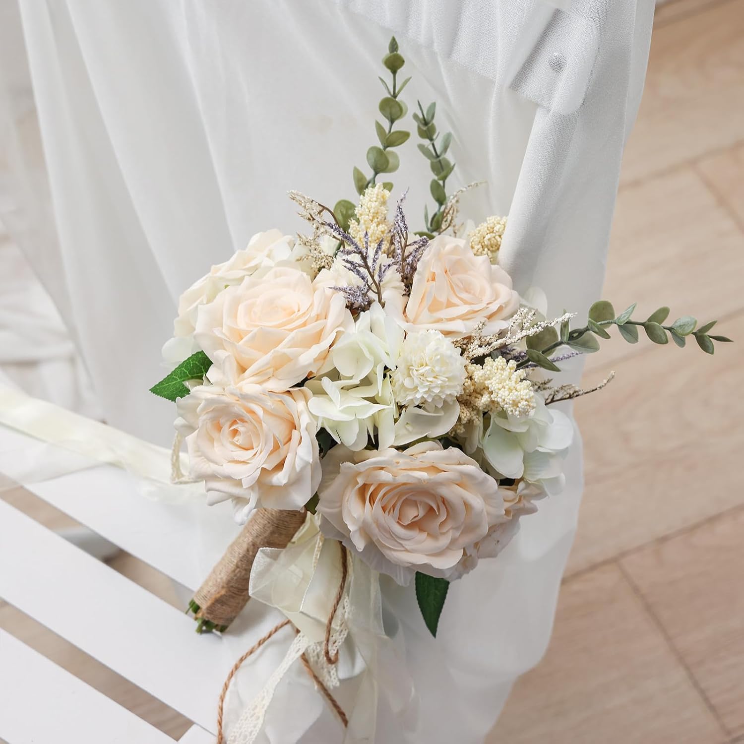 Wedding Bouquets for Bride Bridesmaid, White Champagne Artificial Roses Flowers Wedding Decoration (10In)