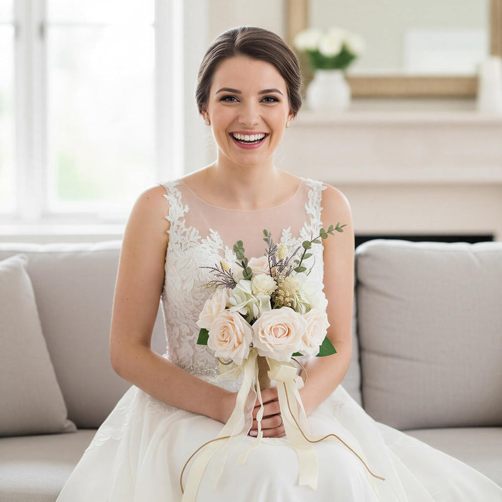 Bride holding champagne rose faux wedding bouquet for romantic bridal portraits