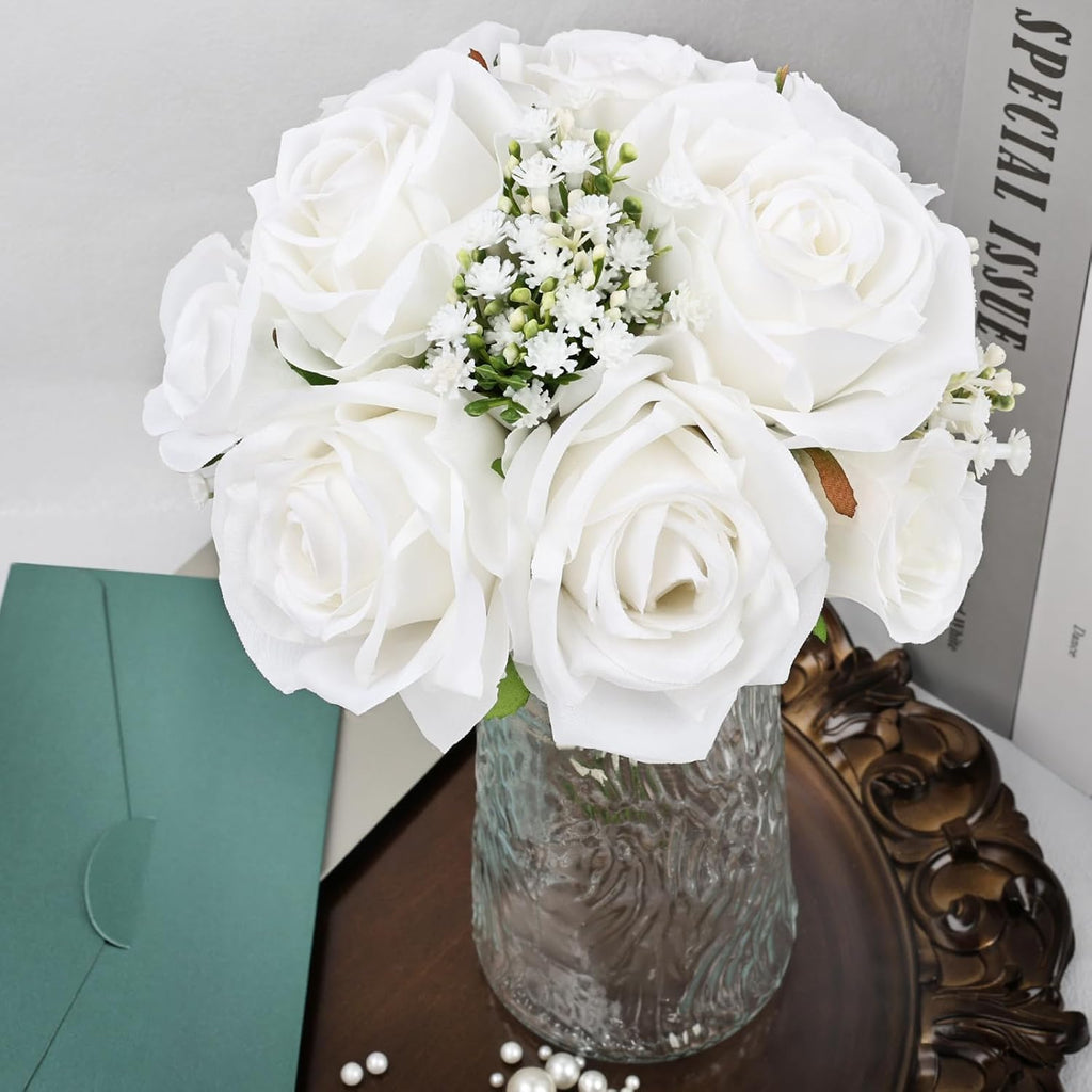 Wedding Bridesmaid Bouquets Set of 6, Artificial Silk Flowers Arrangement for Ceremony Marriage Proposal Party Anniversary Decorations - White
