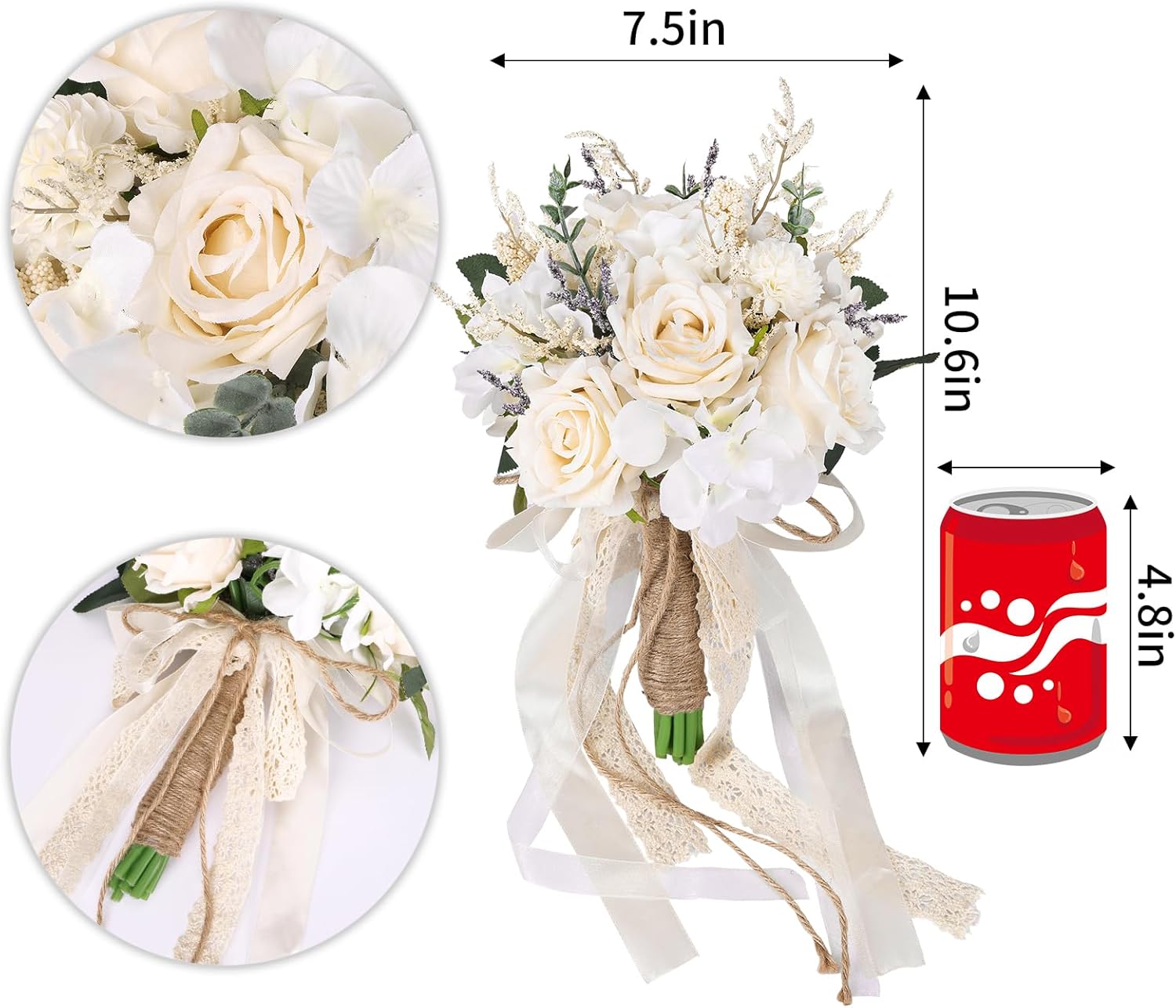 Wedding Bouquets for Bride Bridesmaid, White Champagne Artificial Roses Flowers Wedding Decoration (7.5In)