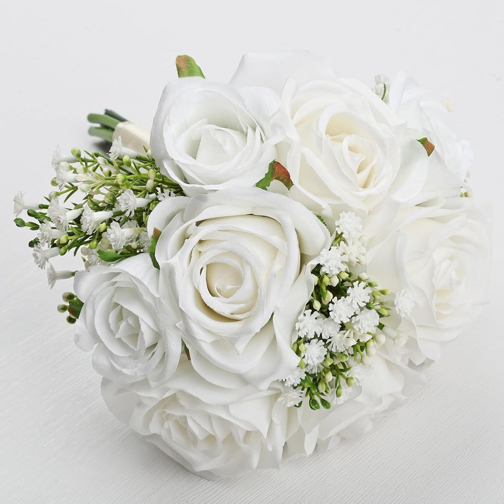 Wedding Bridesmaid Bouquets Set of 6, Artificial Silk Flowers Arrangement for Ceremony Marriage Proposal Party Anniversary Decorations - White
