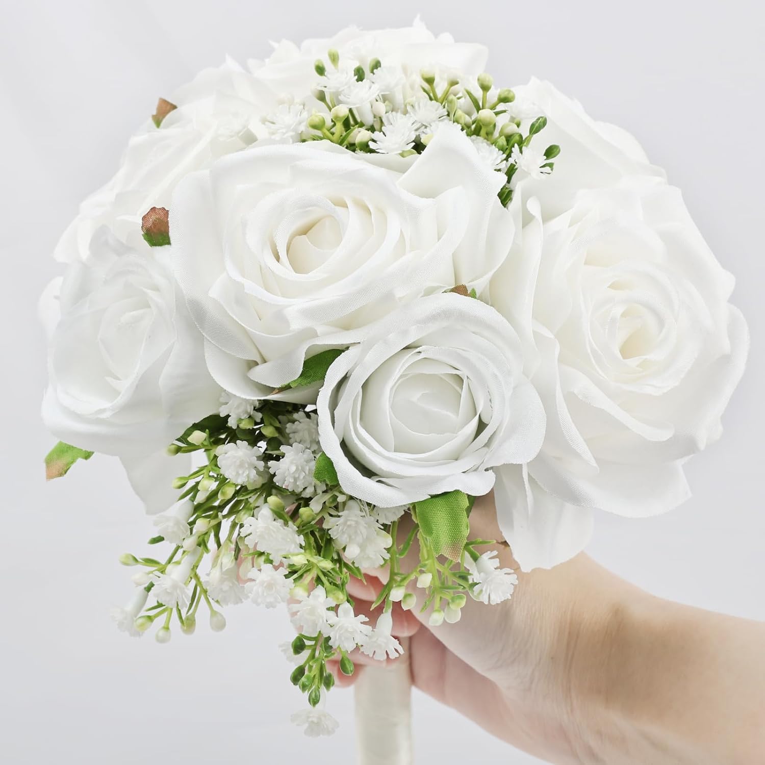 Wedding Bridesmaid Bouquets Set of 6, Artificial Silk Flowers Arrangement for Ceremony Marriage Proposal Party Anniversary Decorations - White