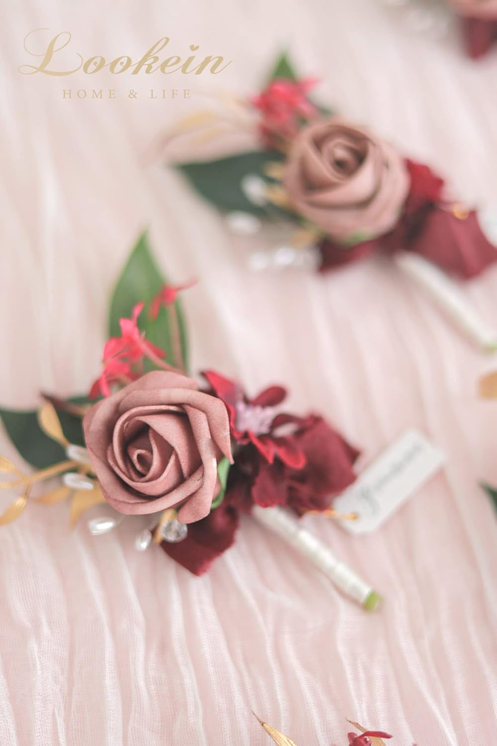 Burgundy and dusty rose wedding boutonniere set for groom and groomsmen