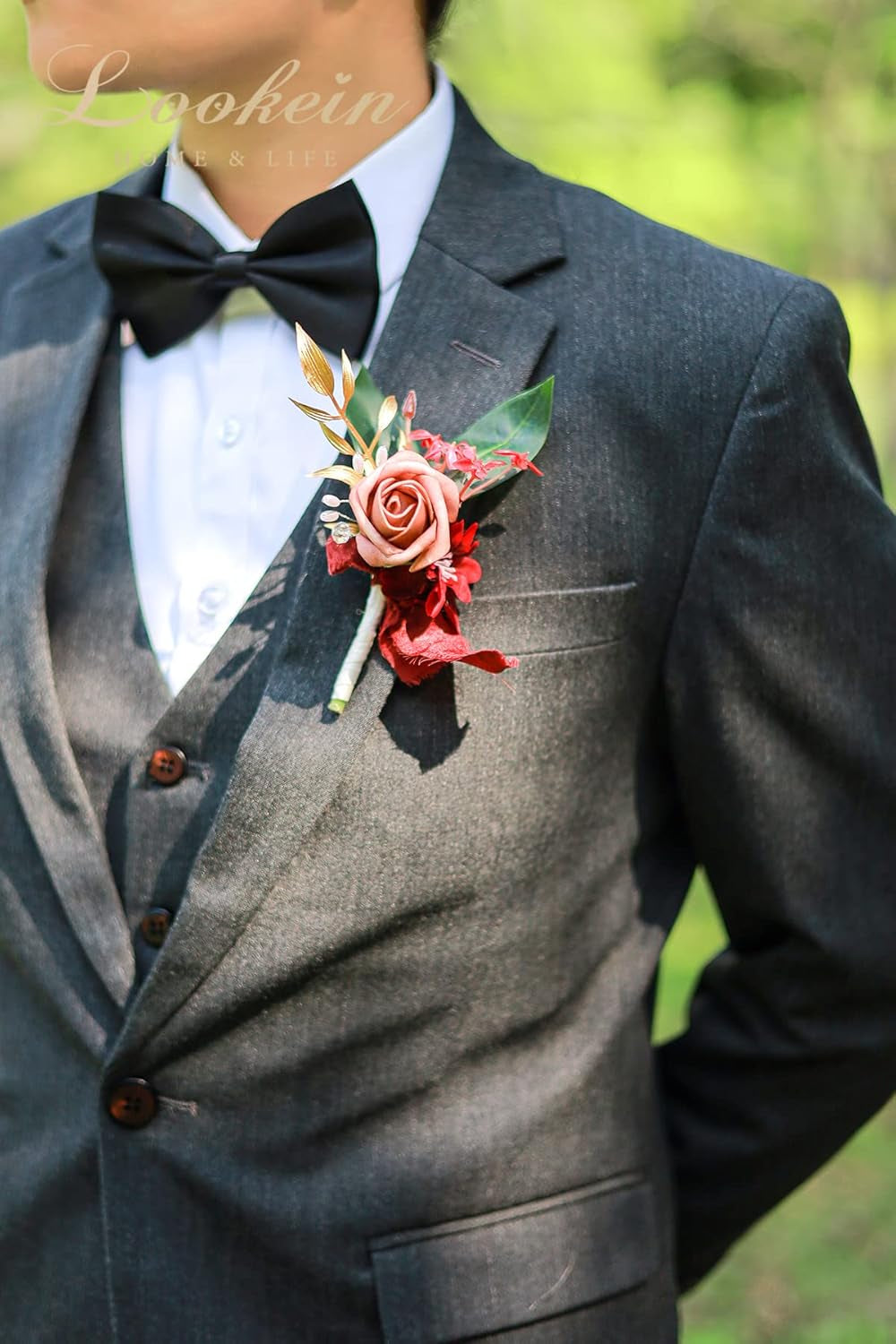 Set of 2 Wedding Boutonniere for Men Artificial Flowers Wedding Groom Groomsmen Boutonniere for Wedding Ceremony Anniversary Formal Dinner Party, Dusty Rose&Burgundy