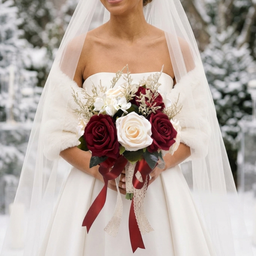 Winter Wedding Bouquet | Burgundy & Ivory Silk Roses