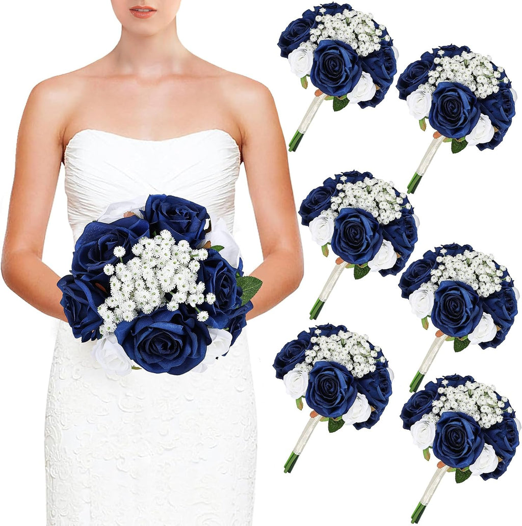 Wedding Bridesmaid Bouquets Set of 6, Artificial Silk Flowers Arrangement for Ceremony Marriage Proposal Party Anniversary Decorations - Royal Blue