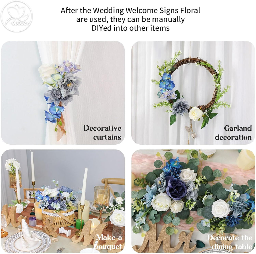 Blue white silk and foam flowers for wedding arch decor