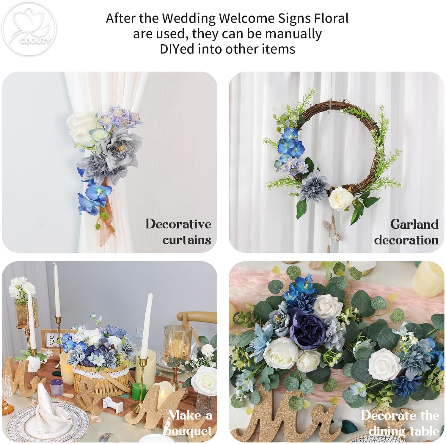 Blue white silk and foam flowers for wedding arch decor