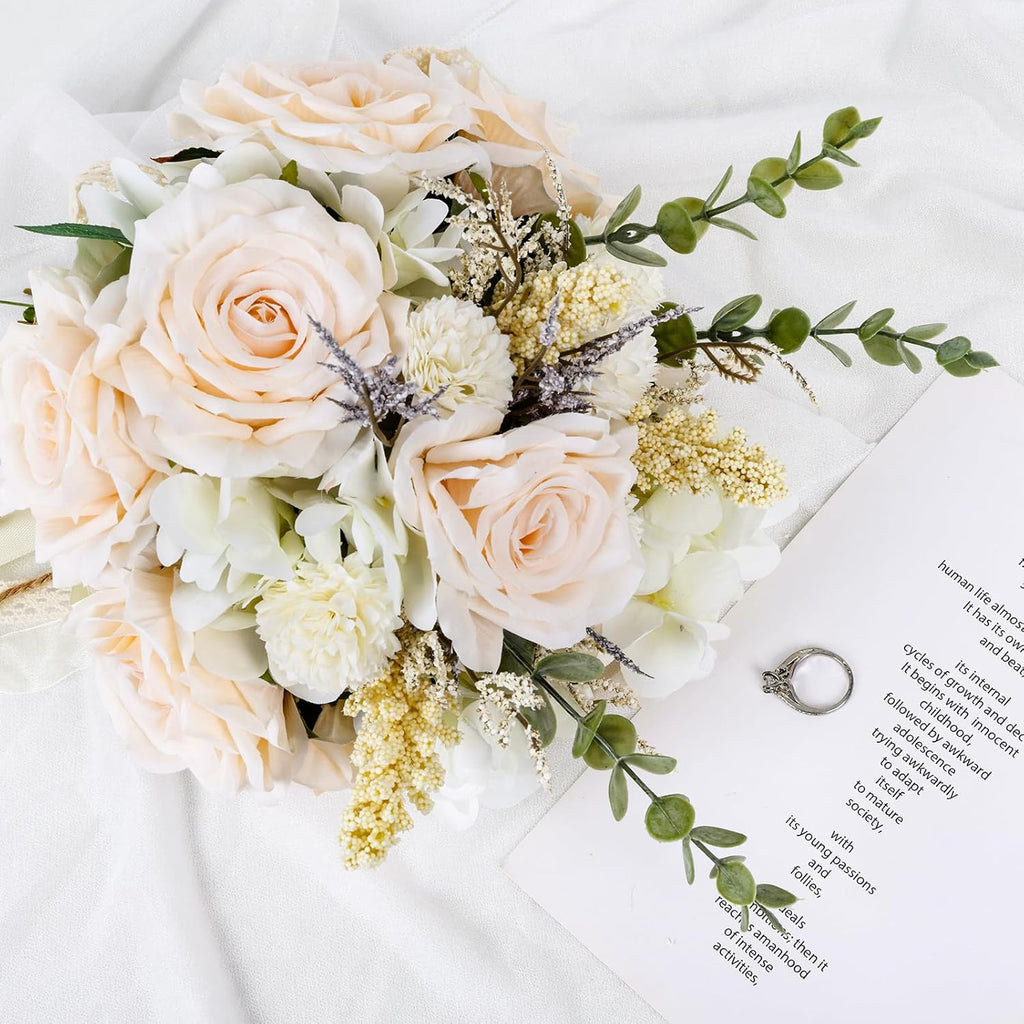 Wedding Bouquets for Bride Bridesmaid, White Champagne Artificial Roses Flowers Wedding Decoration (10In)