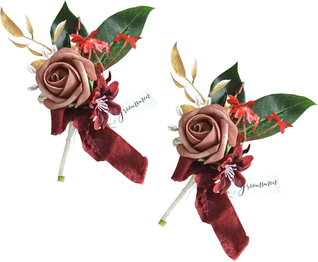Burgundy wedding boutonniere set of 2 with rose flowers, greenery, and ribbon accents