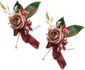 Burgundy wedding boutonniere set of 2 with rose flowers, greenery, and ribbon accents