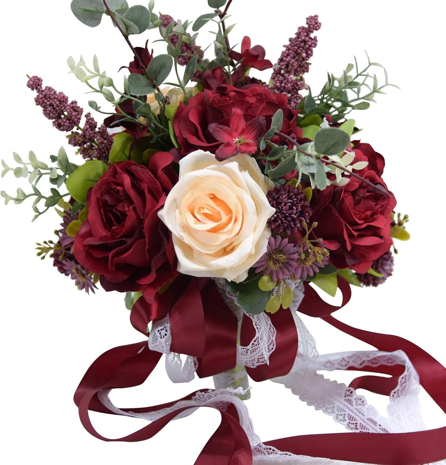 Burgundy cascading bridal bouquet with ivory rose, greenery, and ribbon details