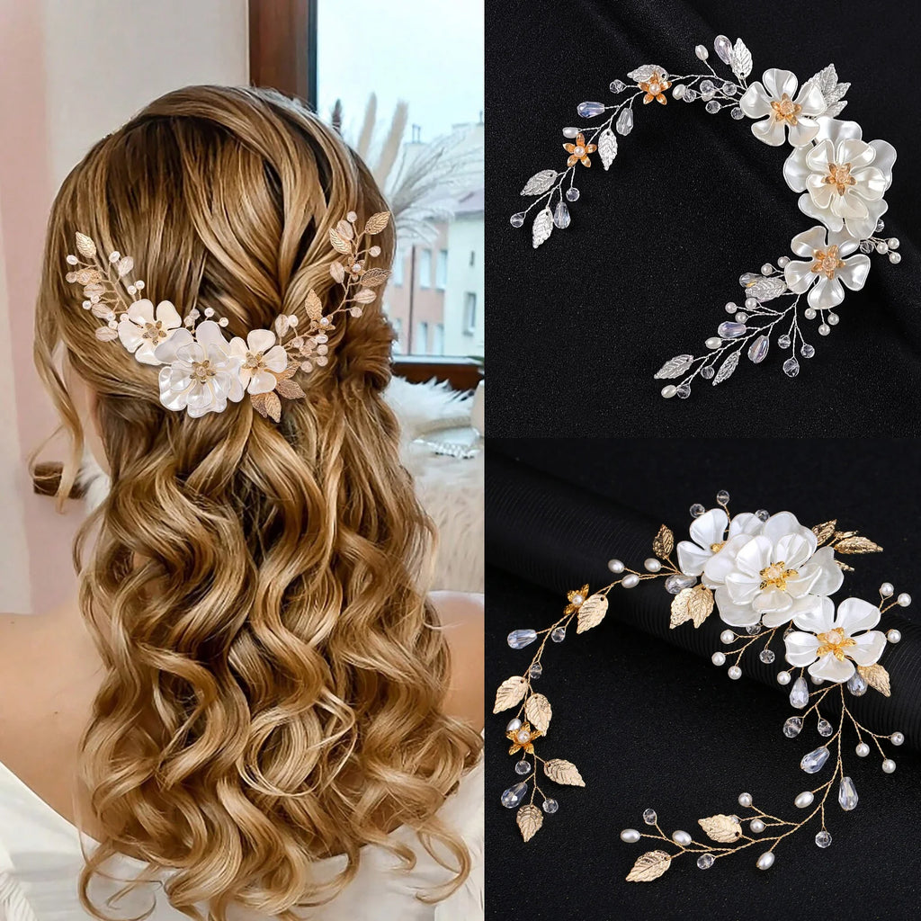Half-up wavy bridal hair with a white flower hair vine, beside gold and silver versions of the vine