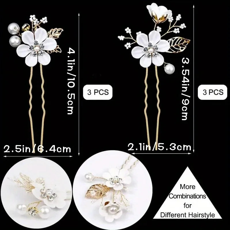 Size guide for flower hair pins: three 4.1 in by 2.5 in pins and three 3.54 in by 2.1 in pins
