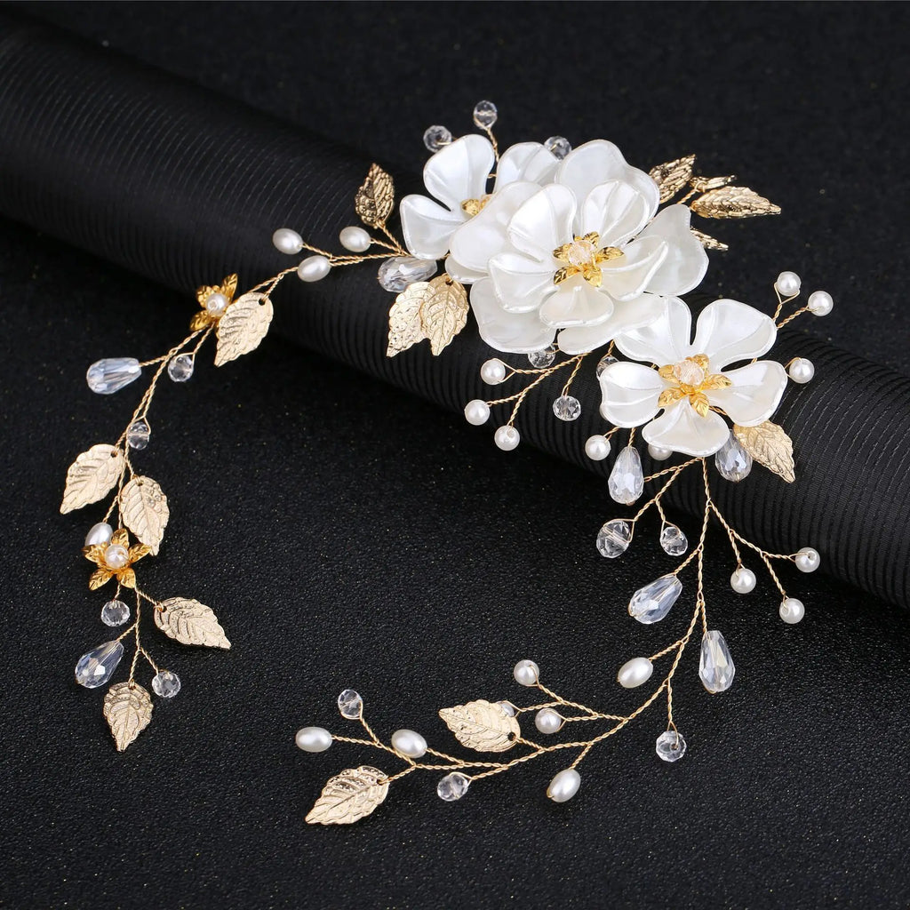 Gold bridal hair vine with large pearly white flowers, faux pearls, clear beads and gold leaves