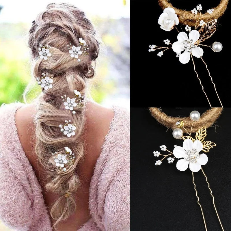 Chunky blonde braid with white flower hair pins beside close-ups of the gold pins with pearls