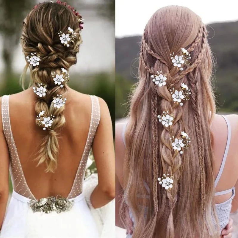 Two long braided bridal hairstyles with white flower hair pins placed along each braid