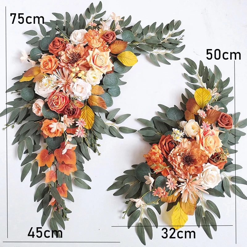 Size guide for fall floral swags: large 75 x 45 cm and small 50 x 32 cm with burnt orange roses