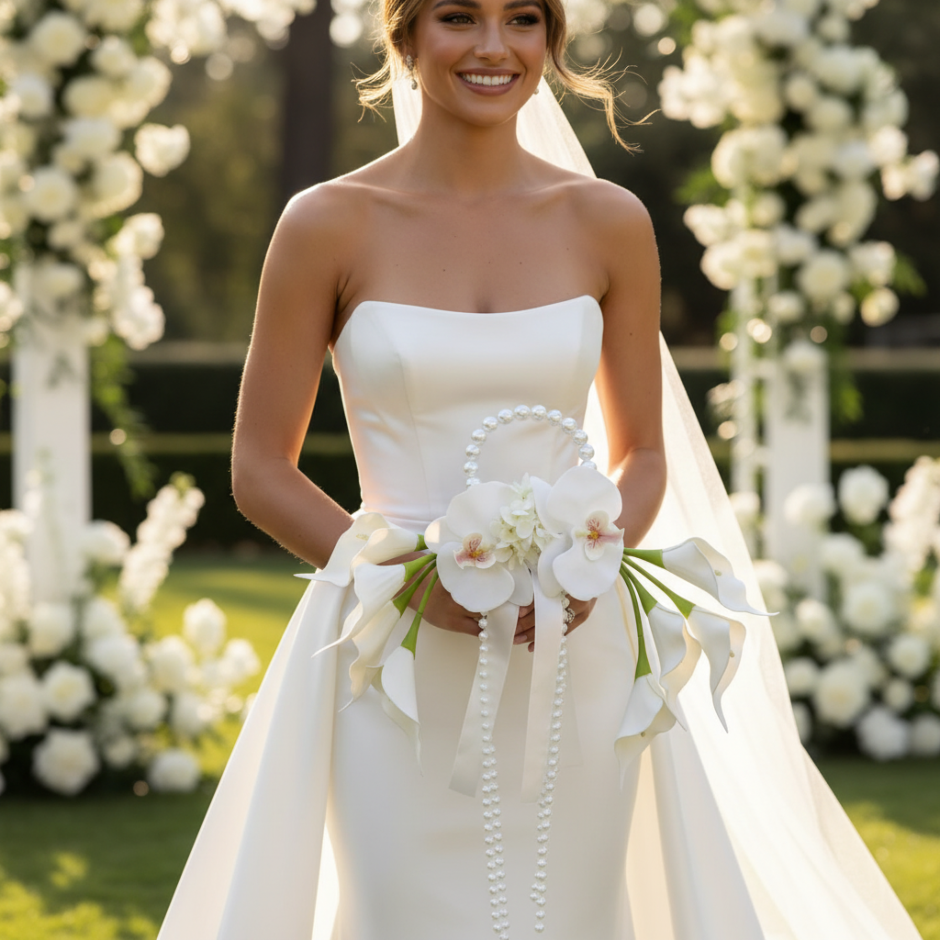 White Calla Lily & Orchid Pearl Wedding Bouquet
