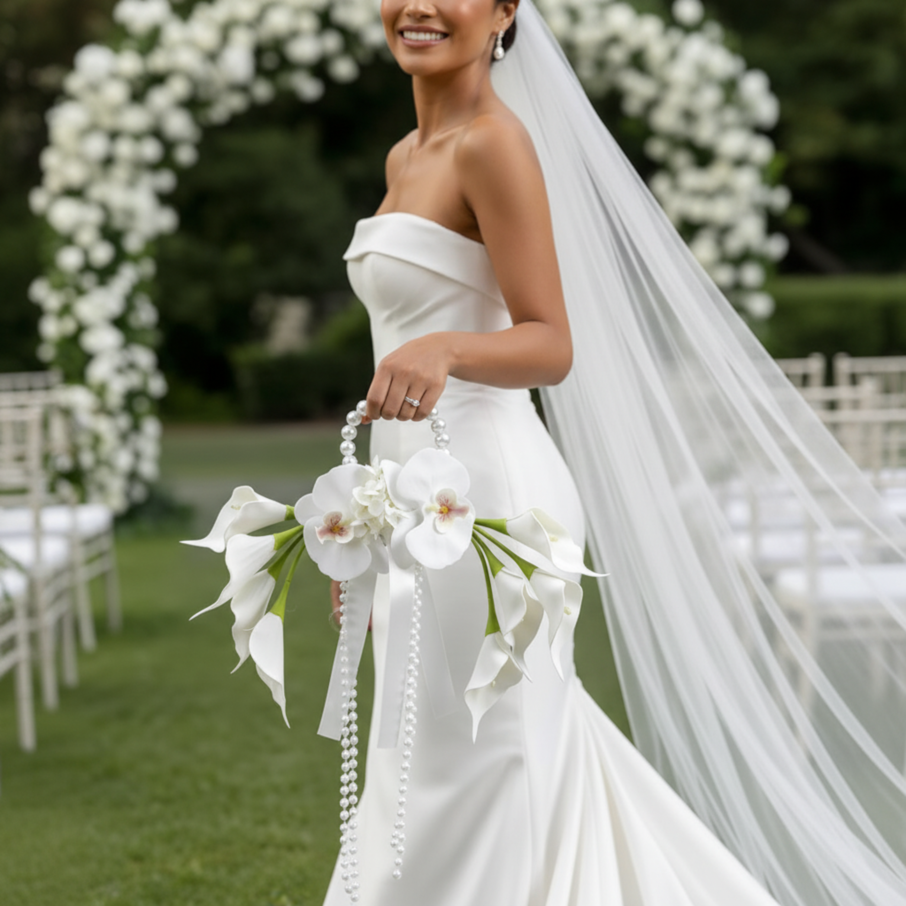 White Calla Lily & Orchid Pearl Wedding Bouquet