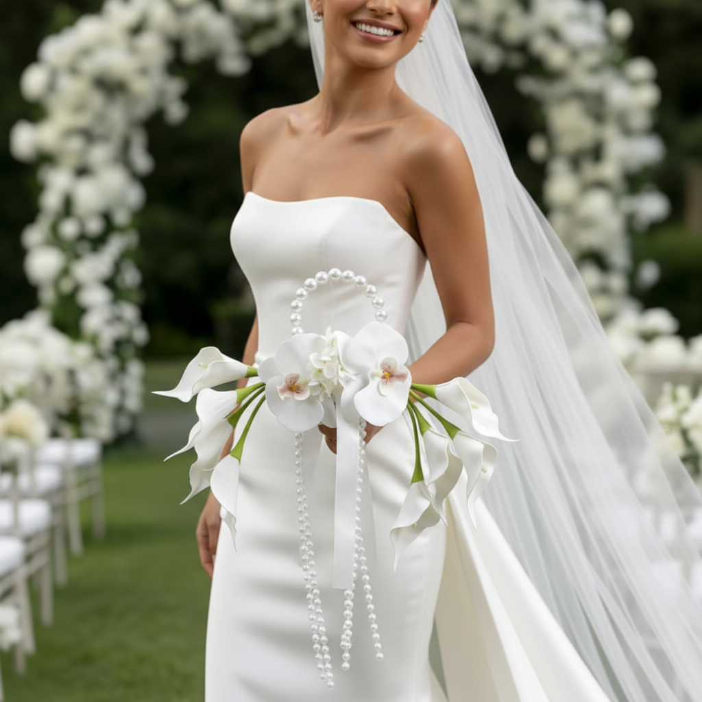 White Calla Lily & Orchid Pearl Wedding Bouquet